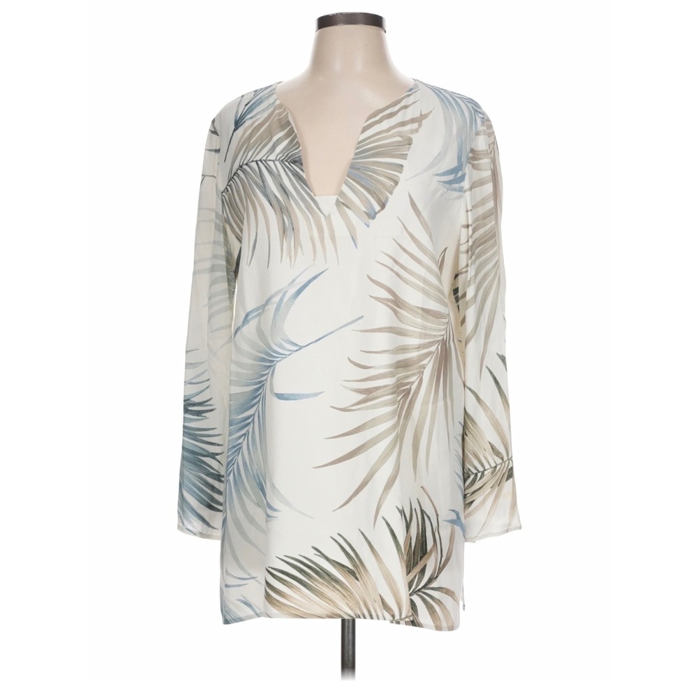 Lafayette 148 Tunic Top Women L White Palm Leaf Tropical Resortwear flowy